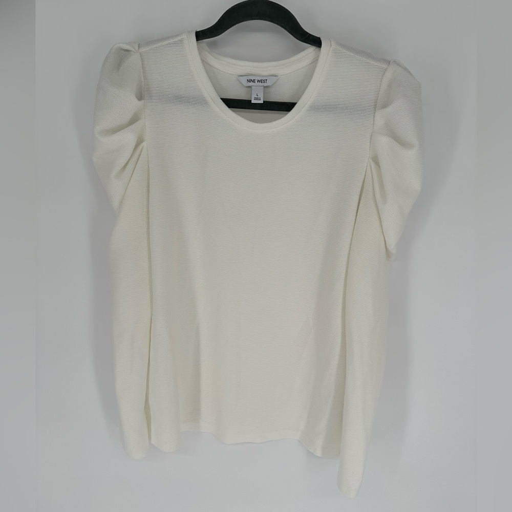 Nine West Cream Ribbed Sweater Large Puff Shoulder Long Sleeve Stretch Knit